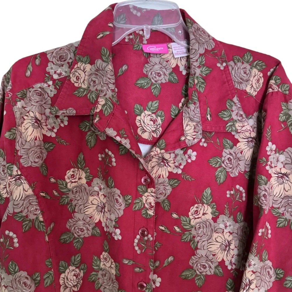 Papagallo Blouse Long Sleeve Burgundy Print 2X - Picture 1 of 16